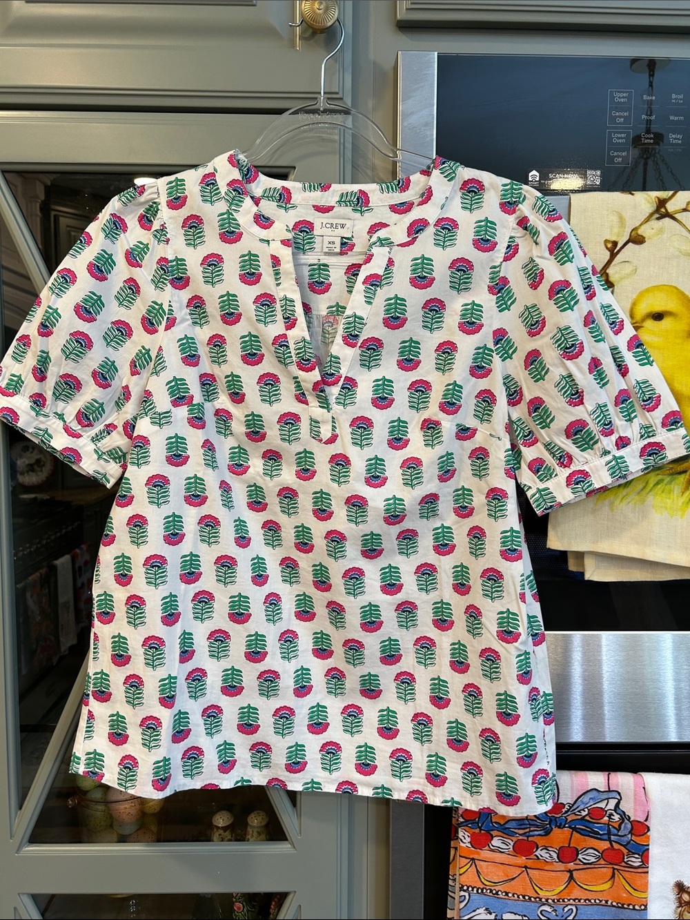 J. Crew Factory White Short Sleeve Cotton Top Pink & Green Leaf Print